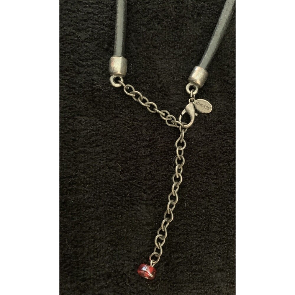 Signed Chico's Red Stone Necklace Pendant Black Cord Adjustable Silvertone - Picture 3 of 7